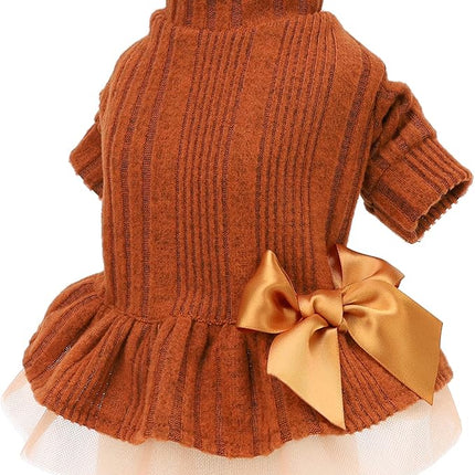 Fitwarm Knitted Dog Tulle Sweater Dress, Dog Winter Clothes for Small Dogs Girl, Cat Apparel, Orange, Medium