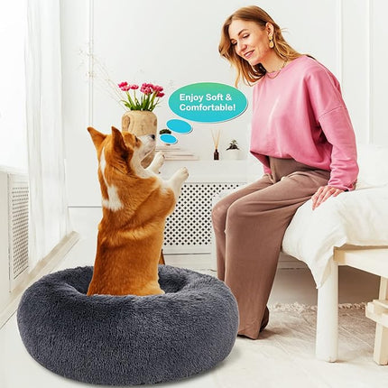 SAVFOX Calming Dog Bed, Anti Anxiety Dog Bed, Plush Donut Dog Bed for Small Dogs, Medium, Large & X-Large, Soft Fuzzy Comfy Dog Bed in Faux Fur, Cuddler Pet Bed, Washable, Multiple Sizes S-XL
