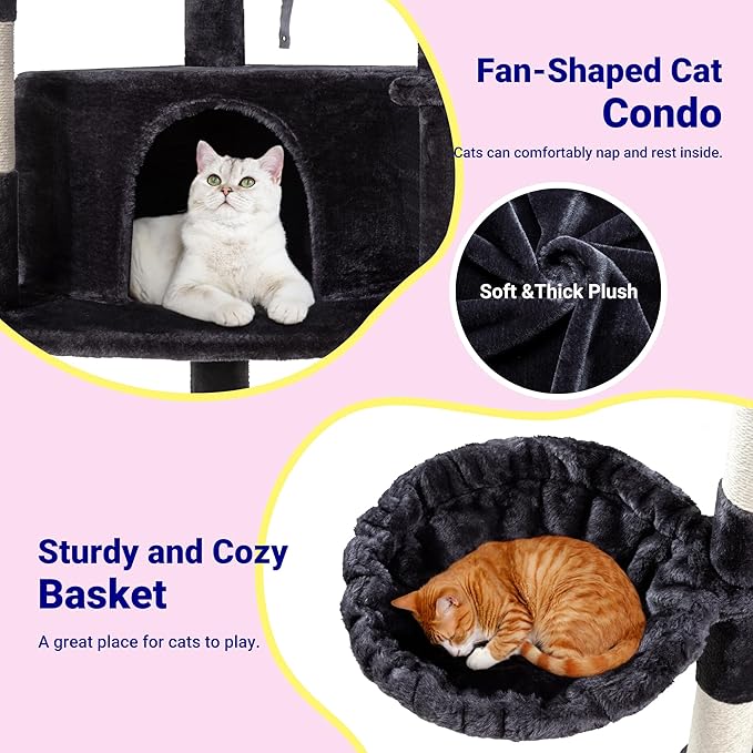 Allewie 73in Fan-Shaped Space-Saving Corner Cat Tower/Multi-Level Tall Cat Tree for Indoor Kitties/Cozy Baskets/Condos/House/Perches/Sisal Scratching Posts/Pet Activity Center/Dark Grey