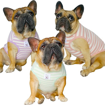 iChoue 3pcs French Bulldog Striped Shirts 100% Breathable Cotton Tank Tops Vests Clothes for Frenchie Dogs, Pink Purple Green Stripes, Large
