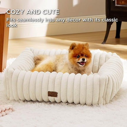 Bedsure Cute Dog Bed Medium Size Dog - Washable Furry Puppy Beds, Rectangle Orthopedic Corduroy Fleece Pet Beds with Removable Zipper Cover, 30x24x8inches, Cream