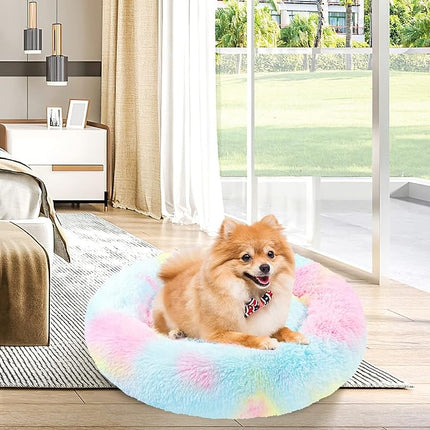 NOYAL Calming Donut Dog Bed for Small to Medium Dogs & Cats - Plush Faux Fur Anti-Anxiety Pet Bed with Machine Washable Cover & Non-Slip Base
