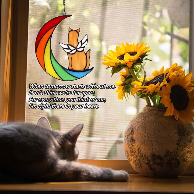 Orange Cat Memorial Gifts for Loss of Cat Mom Sympathy Bereavement, Rainbow Bridge Pet Memorial Gifts Stained Glass Window Hangings