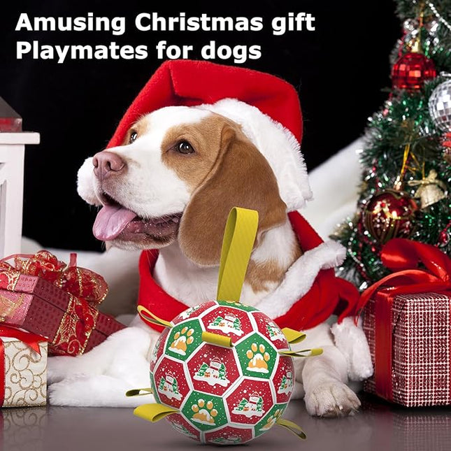 QDAN Christmas Dog Toys: Dog Soccer Ball with Straps for Outdoor Play, Tug of War, Puppy Gifts Durable 8-Inch Dog Balls for Medium Large Dogs