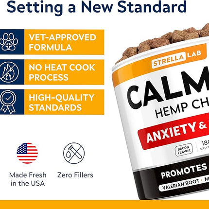 STRELLALAB Hemp Calming Chews for Dogs - Melatonin Dog Treats - Anxiety Relief - Calming Chews - Sleep & Stress Aid for Separation - 180 Treats