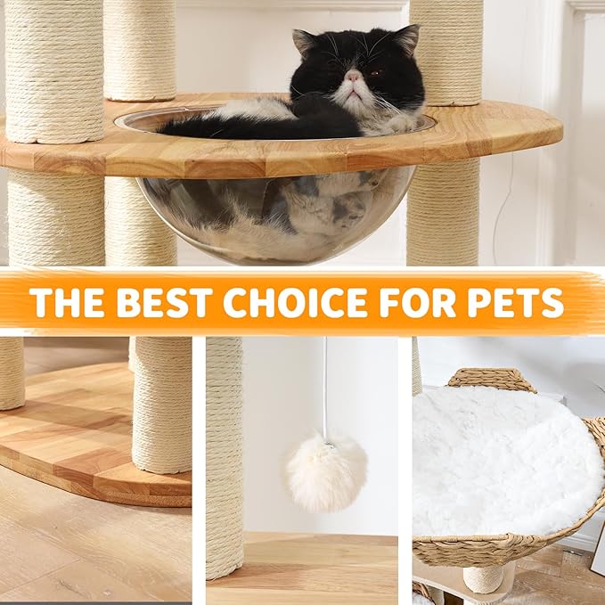 Large Cat Tree for Multiple Cats - Natural Wood Cat Tower with Extra Thick Scratching Posts, Modern Cat House & Condo | Unique Flower Perch Design, Sturdy Cat Furniture Supplies (61+in)