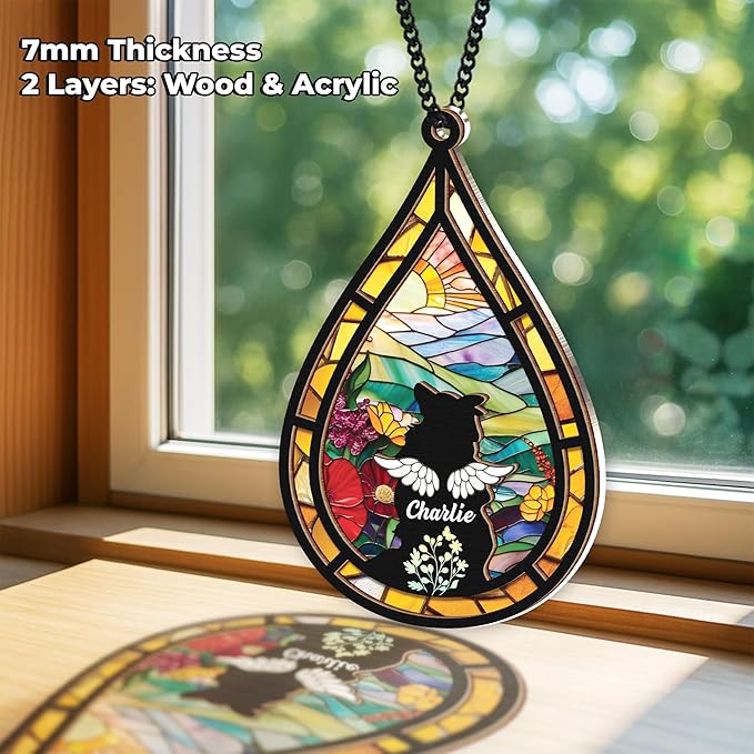 Personalized Angel Dog Memorial Suncatcher, Dog Cat Suncatcher Remembrance Gift, Engraved Pet Memorial Ornament, Pet Sympathy Keychain, Animal Loss Sympathy Card, Rainbow Bridge Pet Loss Gift