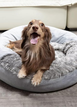 Cave Dog Bed with Blanket Donut Round Plush Cozy Cat Pet Bed for Puppy Machine Washable Removable Cover Cat Toy Anti-Slip Bottom Gray 26X26X8 inch