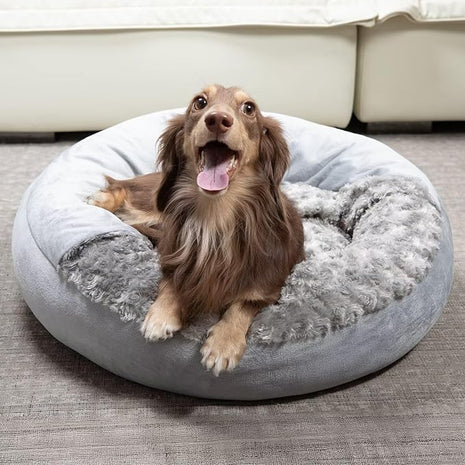 Cave Dog Bed with Blanket Donut Round Plush Cozy Cat Pet Bed for Puppy Machine Washable Removable Cover Cat Toy Anti-Slip Bottom Gray 26X26X8 inch