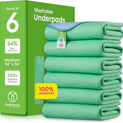 IMPROVIA® Washable Underpads, 34" x 36" (Pack of 6) - Heavy Absorbency Reusable Incontinence Pads for Kids, Adults, Elderly, and Pets - Waterproof Protective Pad for Bed, Couch, Sofa, Furniture, Floor