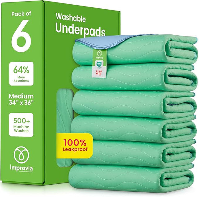 IMPROVIA® Washable Underpads, 34" x 36" (Pack of 6) - Heavy Absorbency Reusable Incontinence Pads for Kids, Adults, Elderly, and Pets - Waterproof Protective Pad for Bed, Couch, Sofa, Furniture, Floor