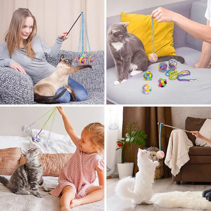 Retro Shaw Cat Toys Balls, 6Pcs Woolen Yarn Cat Ball Toy with Bell Inside, Interactive Kitten Toys for Indoor Cats Kitty, Chew Toys Jingle Pompom Ball with String