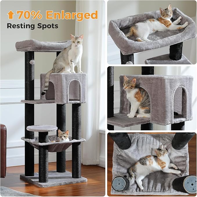 Large Cat Tree with Reinforced Scratching Posts (φ3.7in) for Big Adult Cats 30 lbs, 57.8" Heavy Duty Cat Tower with Larger Hammock and Condo, Cat Furniture for Maine Coon, Plush,Black