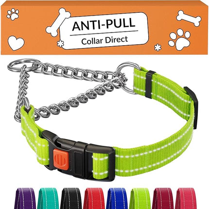 CollarDirect Martingale Dog Collar with Stainless Steel Chain and Quick Release Buckle - Reflective Collar for Large, Medium, Small Dogs - Lime Green, Medium (Neck Size 14"-17")