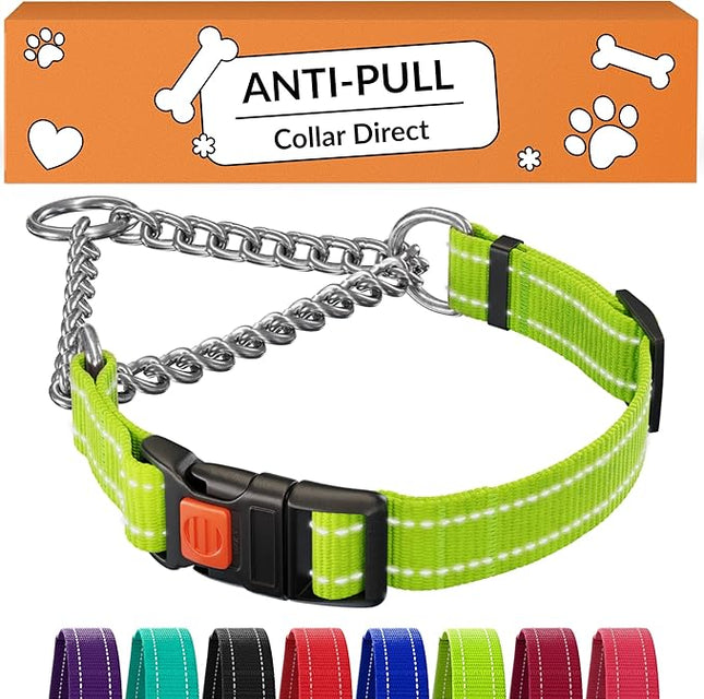 CollarDirect Martingale Dog Collar with Stainless Steel Chain and Quick Release Buckle - Reflective Collar for Large, Medium, Small Dogs - Lime Green, Small (Neck Size 12"-15")