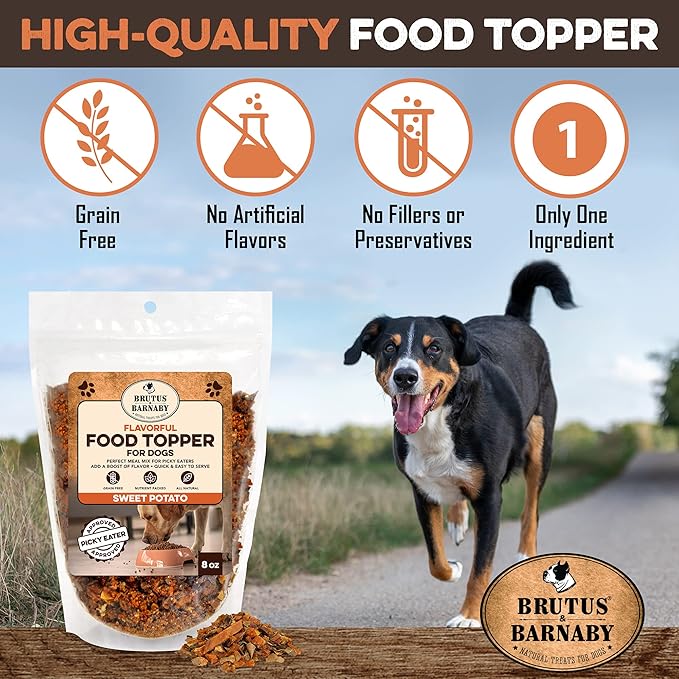 BRUTUS & BARNABY Dog Food Toppers for Picky Eaters - All Natural, Vegan Sweet Potato Kibble Topper, Delicious Meal Toppers for Dogs, Nutrient Packed Dog Food Topper with Single Raw Ingredient