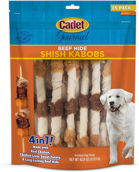 Cadet Gourmet X-Large Triple-Flavored Beef Hide Shish Kabob Dog Treats - Healthy & Natural Chicken, Liver, and Sweet Potato Dog Treats for Dogs Over 30 Lbs., 10 in. (15 Count)