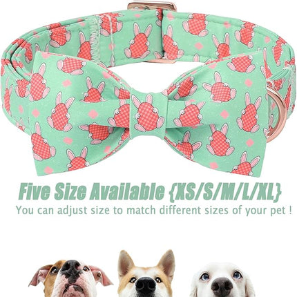 Dog Collar with Easter Bow Tie - Bunny Egg Pattern Bowtie Adjustable Heavy Duty Spring Collar for Small Medium Large Dogs L