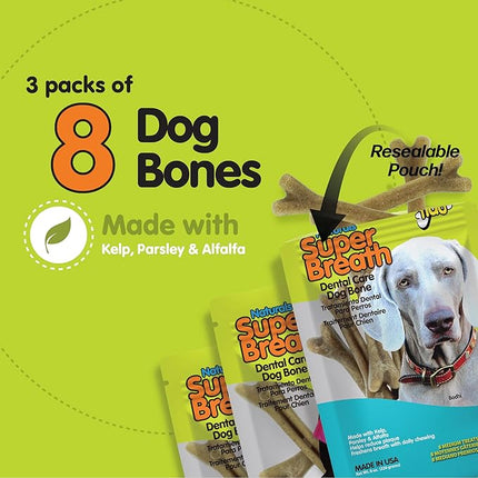 FIDO - Super Breath Dental Care Bones for Dogs - 8 Treats Per Pack (3 Pack) - Dog Dental Treats for Medium Dogs (Made in USA) - Dog Dental Chews Help Reduce Plaque, Tartar Buildup, and Freshens Breath