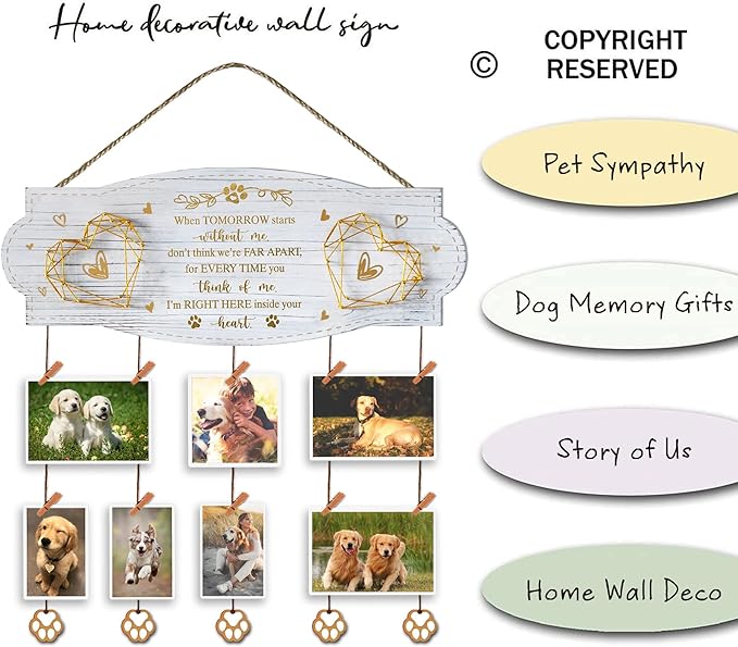 White Golden Memorial Picture Collage Board with Clips Twine and Paw Pendant - Bereavement Sympathy Grieving Gifts for Loss of Dog - House Wall decor for Dog Lover