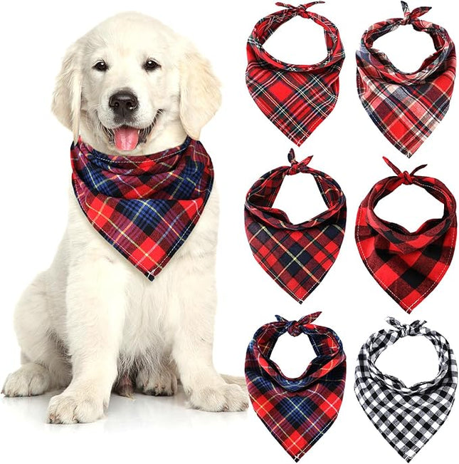 Honoson 6 Pieces Triangle Dog Bandana Dog Scarf Plaid Printing Adjustable Bibs Scarf Washable Square Kerchief Bandana Set for Small to Medium Puppy Cat(16.1 Inch,Red Style)