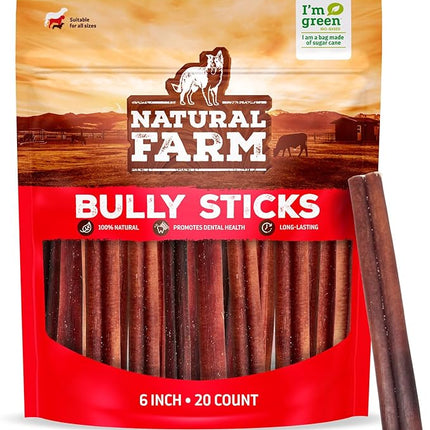 Natural Farm Odor-Free Bully Sticks (6 Inch, 20 Pack), 100% Beef Chews for Pups, Small and Medium Dogs, Non-GMO, Grain-Free, Fully Digestible, Natural Treats to Keep Your Dog Busy