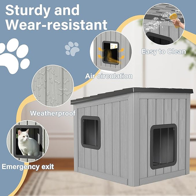 LHBcraft Outdoor Cat House Weatherproof, Clawsable Cat Houses for Outdoor Indoor Cats, Feral Cat House Shelter, Resin Insulated Material, Emergency Exit Easy to Clean and Install, Black
