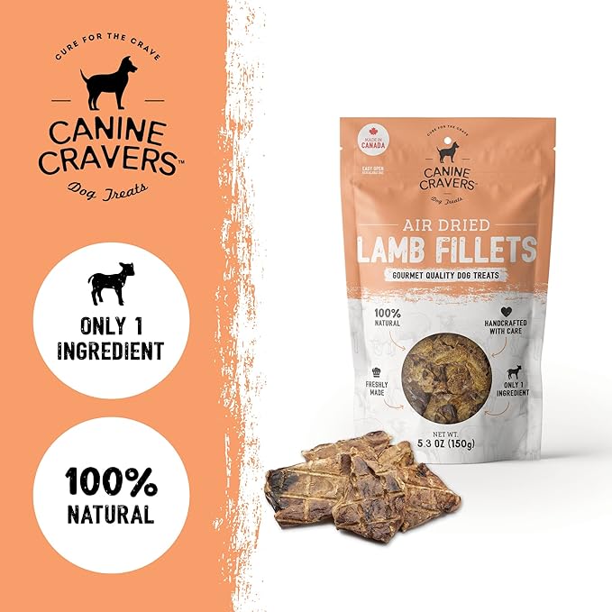 Canine Cravers Single Ingredient Dog Treats – Premium Lamb Fillets - Human Grade Air Dried Hypoallergenic Pet Food – Grain, Gluten, and Soy Free – 100% All Natural – 5.3 oz