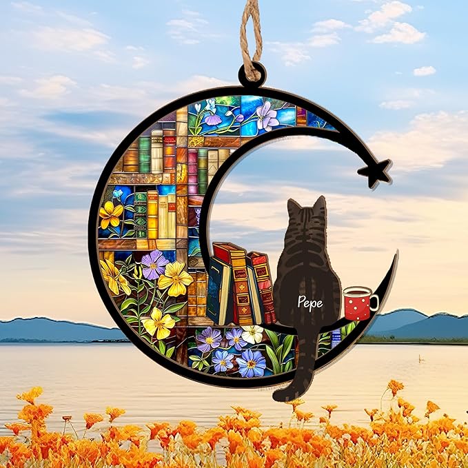 Personalized Pet Memorial Suncatcher – Custom Cat Book Suncatcher with Name & Breed, Memorial Keepsake for Cat Lovers, Home Décor Gift for Nerds, Librarians & Readers