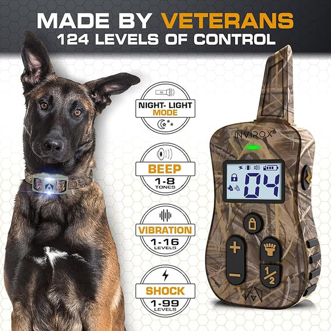 INVIROX Dog Shock Collar [Ultra K9] 124 Training Levels, 4 Powerful Modes with Night-Light and ¾ Mile Range 100% Safe Dog Training Collar for Large Dogs IP67 Waterproof (X2 Camouflage)
