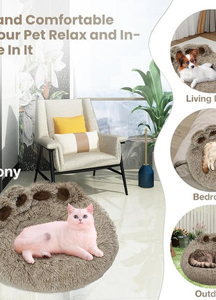Calming Dog Bed Cat Bed Medium Size Dog - Donut Washable Medium Pet Bed, Warm Kitten Nest 24 inches Anti-Slip Round Fluffy Plush Faux Fur Cat Bed, Fits up to 25 lbs Pets, (Premium Brown)
