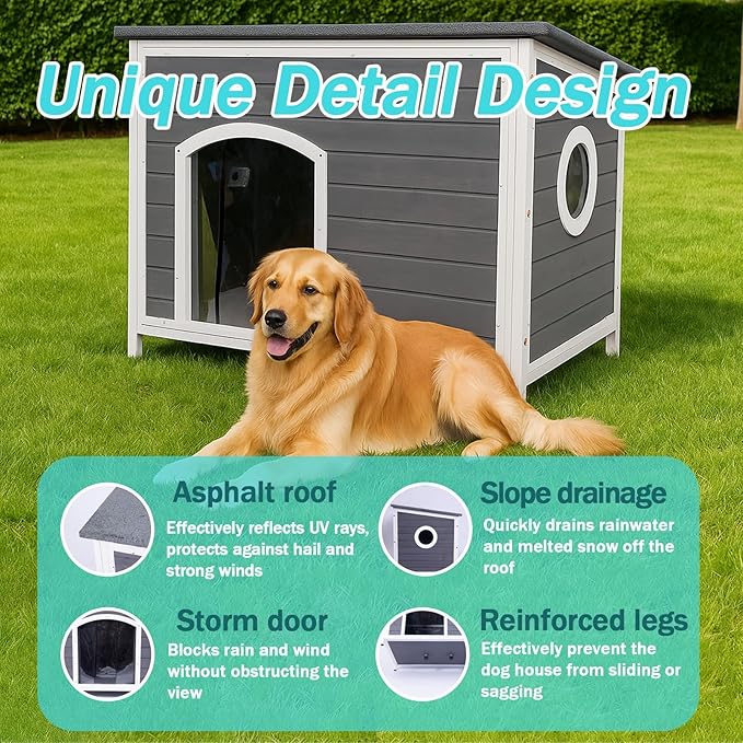 Geguri Large Outdoor Wooden Dog House for Medium to Large Dogs | Weatherproof Asphalt Roof, Chew-Resistant Frame,Indoor/Outdoor Use (Grey, 43.3" L × 26.4" W × 29.5" H)