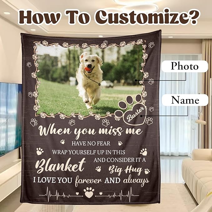 Dog Memorial Gifts for Loss of Dog - Personalized Pet Memorial Blanket with Photo Name, Pet Loss Sympathy Gift, Custom Dogs Blanket Pet Bereavement Remembrance Gifts