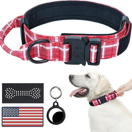 Hotsky Tactical Dog Collar, Adjustable Military Training Nylon Airtag Collar with Handle and Heavy Duty Metal Buckle for Medium Large Dogs, with Airtag Holder and Two Patches（Redplaid,M）