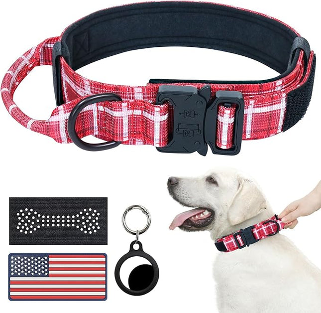 Hotsky Tactical Dog Collar, Adjustable Military Training Nylon Airtag Collar with Handle and Heavy Duty Metal Buckle for Medium Large Dogs, with Airtag Holder and Two Patches（Redplaid,M）