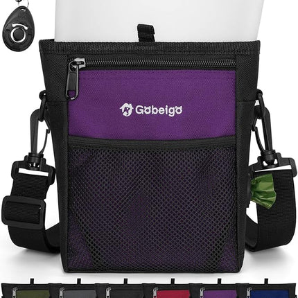 Gobeigo Dog Treat Pouch with Silicone Snack Bag, Front Pocket fits All Phones, 4 Cup Treat Bag with Training Clicker, Upgrade Stronger Magnetic Closure, 3 Ways to Wear Walking Fanny Pack (Purple)