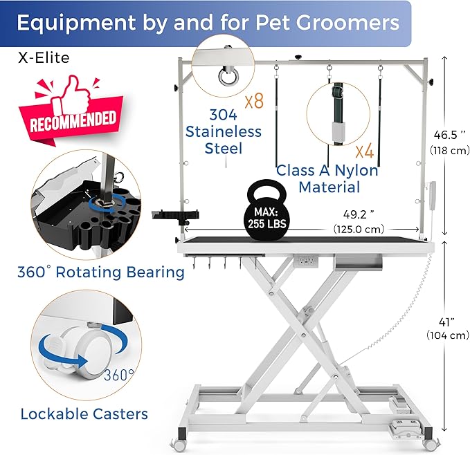 Burano Professional Super Low-Step Electric Dog Grooming Table 49.2", Heavy Duty, Anti-Slip Tabletop, Height Adjustable Dog Table with Lockable Casters, Stainless Grooming Overhead Arm