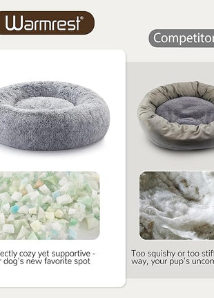 Calming Dog Bed - Donut Washable Medium Size Round Pet Bed for Dogs and Cats, 30 inches Anti-Slip Fluffy Faux Fur Plush Cat Bed, Anti-Anxiety Cushion with Anti-Slip Bottom