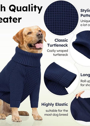 Queenmore XXL Dog Sweater, Large Paild Dog Sweaters, Turtleneck Pet Sweaters for Large Breeds, Cold Weather Doggie Clothes, Navy Blue 2XL