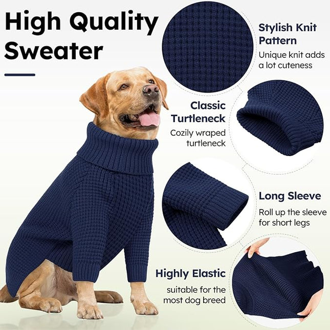 Queenmore Small Dog Sweater, Plaid Doggie Sweater, Long Sleeve Knitted Puppy Sweater with Check Pattern, Warm Pet Sweaters, Solid Pull-on Cat Sweaters, Navy Blue S