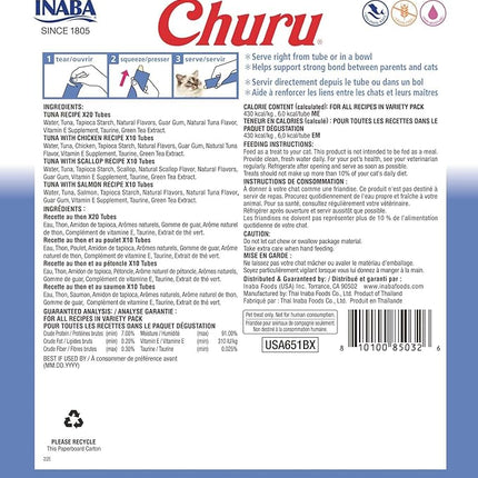 INABA Churu Cat Treats, Grain-Free, Creamy Purée Cat Treat/Topper, Tuna Variety