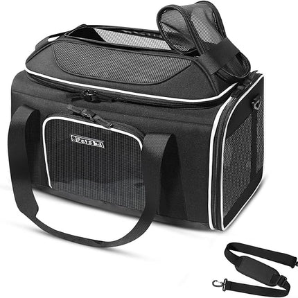 Petskd Top-Expandable Pet Carrier 17x11x9.5 Inches Alaska Airline Approved, Soft-Sided Carrier for Small Cats and Dogs with Locking Safety Zippers and Anti-Scratch Mesh(Black)