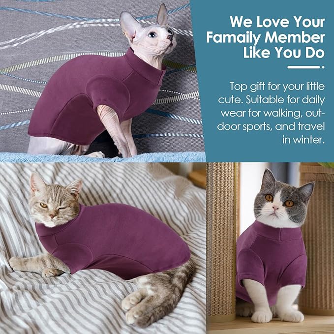SUNFURA Turtleneck Sweater for Cat, Sphynx Cats Shirt Hairless Cat Sweaters with Sleeves, Warm and Soft Kitten Pullover Fleece Winter Pajamas Jumpsuit for Puppy Cats, Purple M