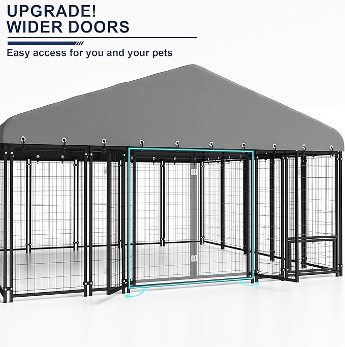 10X10FT Dog Kennel Outside Double Door Dog Kennel Outdoor with Feeding, Heavy Duty Outdoor Dog Crate Durable Dog Cage with Roof & Double Lock