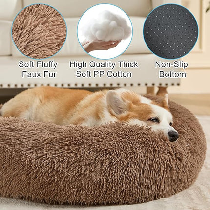 Dog Calming Beds for Small Medium Large Dogs - Round Donut Washable Dog Bed, Anti-Slip Faux Fur Fluffy Donut Cuddler Anxiety Cat Bed(28" Khaki