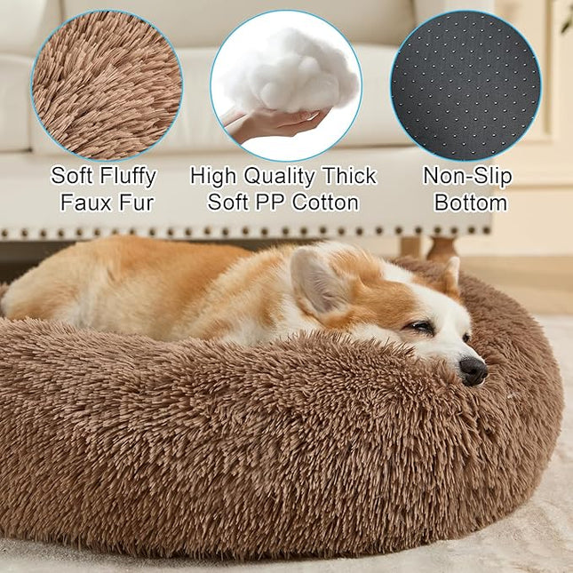 Dog Calming Beds for Small Medium Large Dogs - Round Donut Washable Puppy Dog Bed, Anti-Slip Faux Fur Fluffy Donut Cuddle Anxiety Cat Pet Bed(16'' Khaki