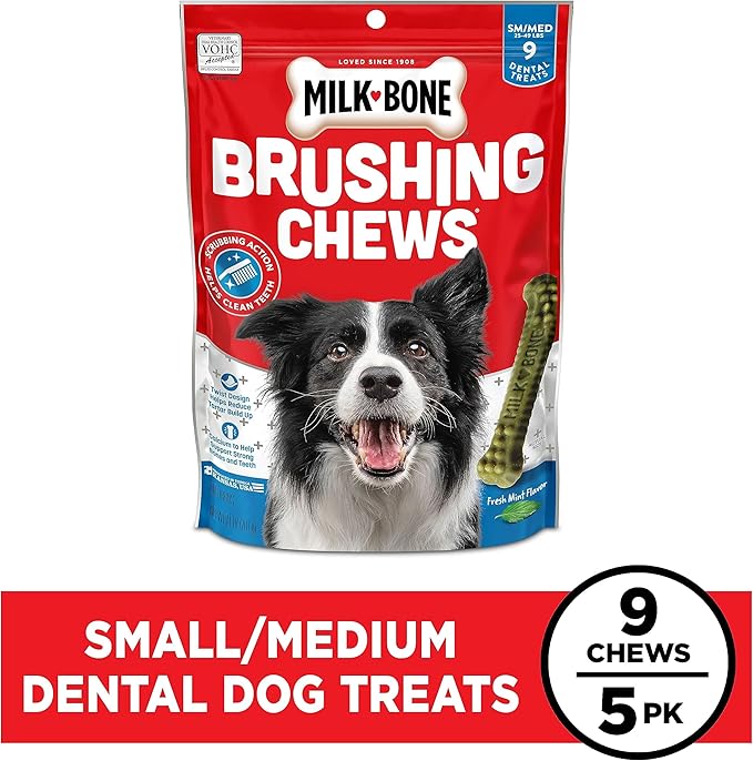 Milk-Bone Fresh Breath Brushing Chews, 9 Small/ Medium Daily Dental Dog Treats (Pack of 5) Scrubbing Action Helps Clean Teeth
