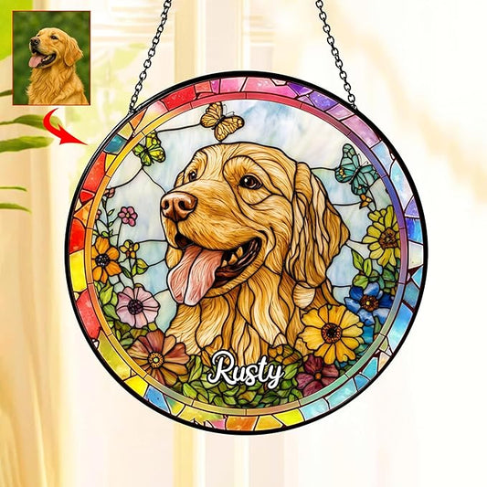 Personalized Window Hanging Suncatcher Dog Portrait Stained Glass Window Hangings, Pet Stained Glass Suncatcher, Loss of Dog Custom Name Dog Memorial Gifts