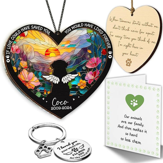 Personalized Angel Dog Memorial Suncatcher, Heart Suncatcher Remembrance Gift, Engraved Pet Memorial Ornament, Pet Sympathy Keychain, Loss of Animal Sympathy Card, Rainbow Bridge Dog Loss Gift
