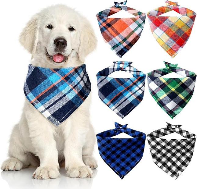 Honoson 6 Pieces Triangle Dog Bandana Dog Scarf Plaid Printing Adjustable Bibs Scarf Washable Square Kerchief Bandana Set for Small to Medium Puppy Cat(16.1 Inch,Elegant Drawstring Style)